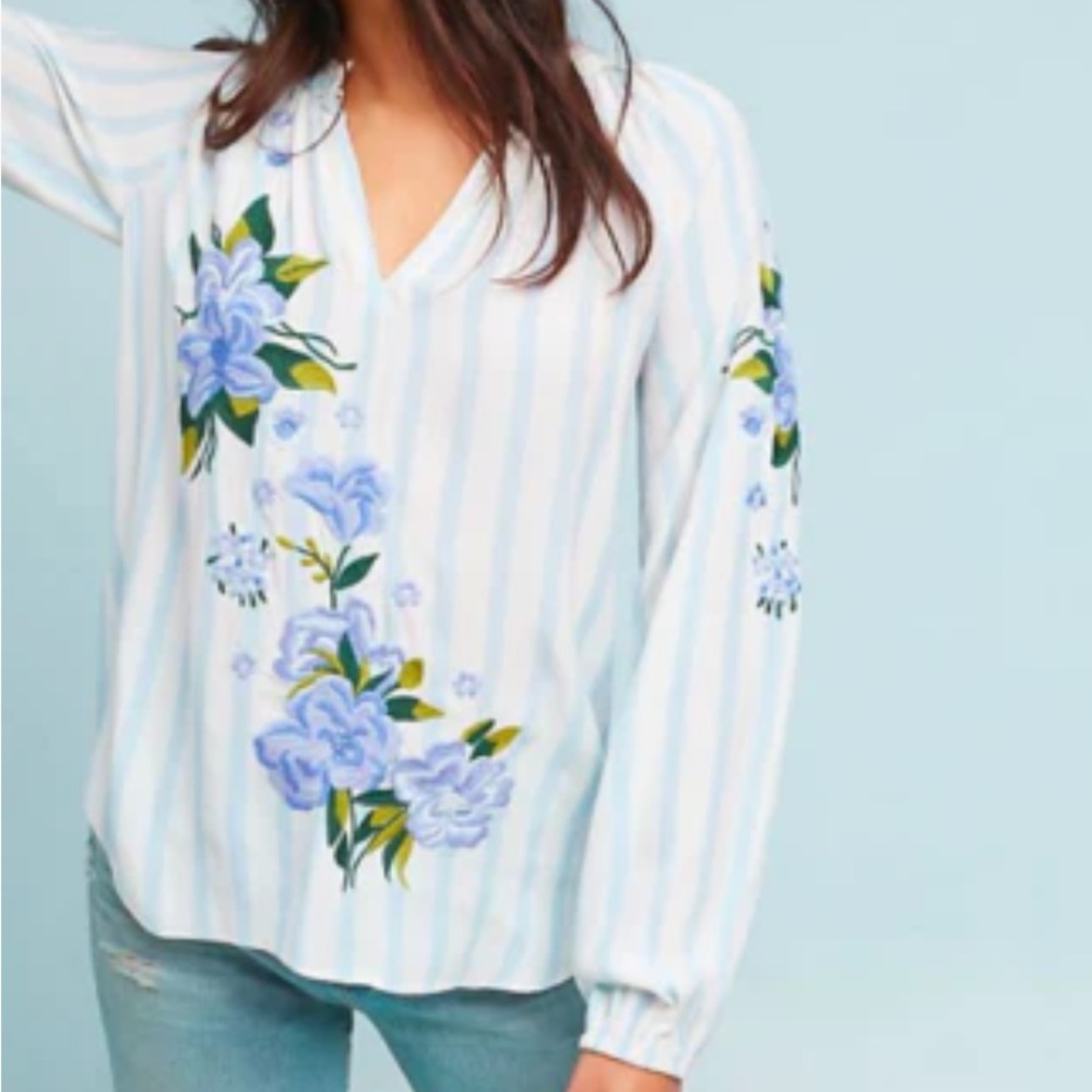 Anthropologie Akemi Kim Manuela Striped Embroidered Blouse